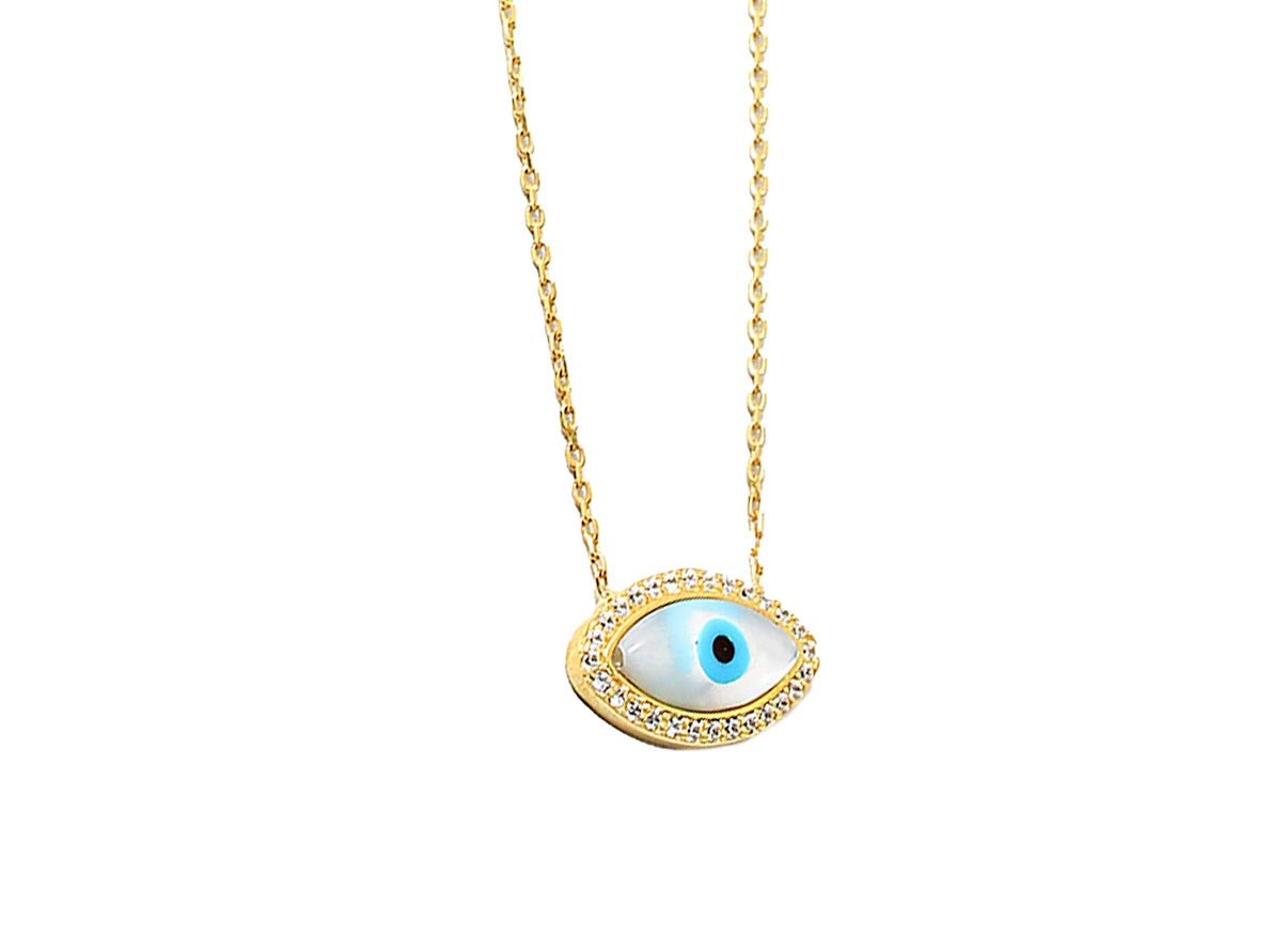 Gold MOP Evil Eye Charm Necklace.
