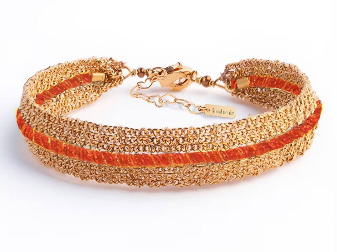 Woven Chain Bracelet with Orange Thread Stripe