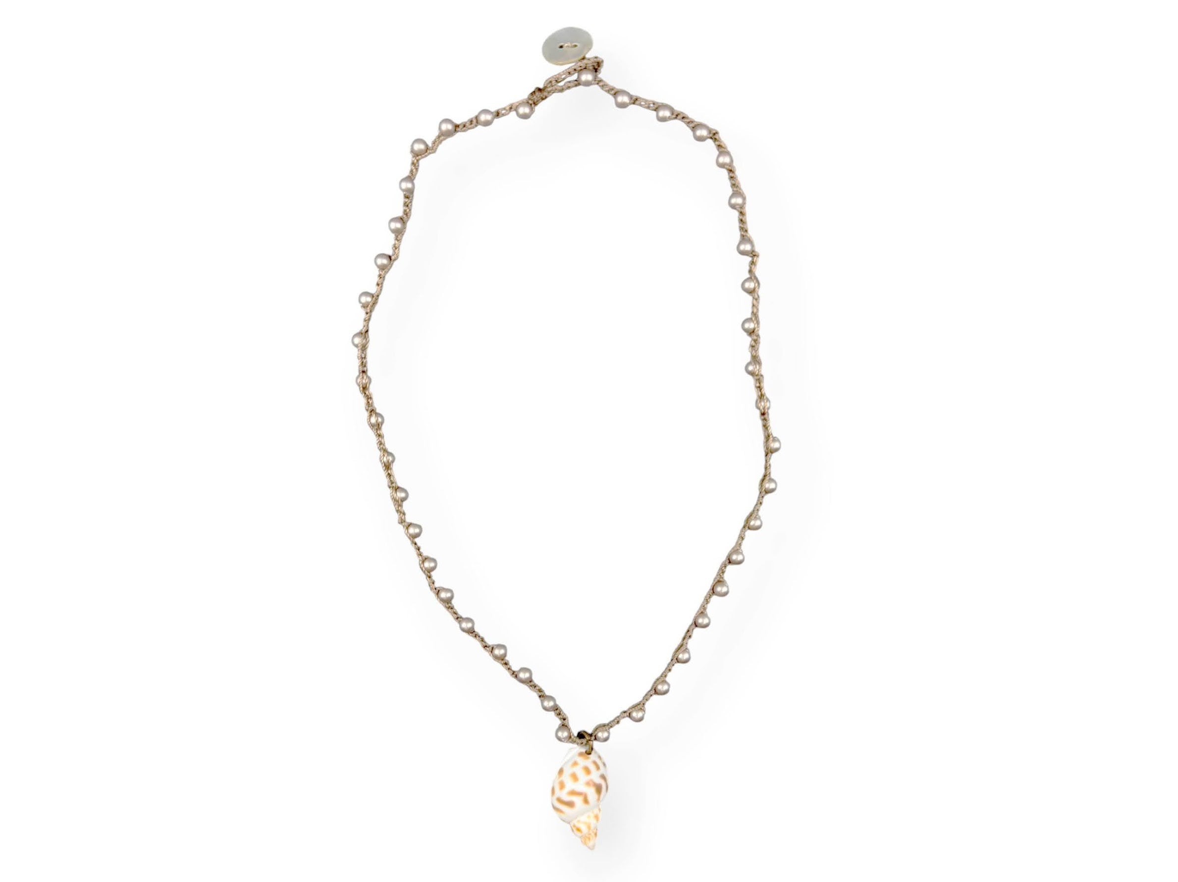 Hand-Crocheted Necklace with Lettered Olive Shell Charm