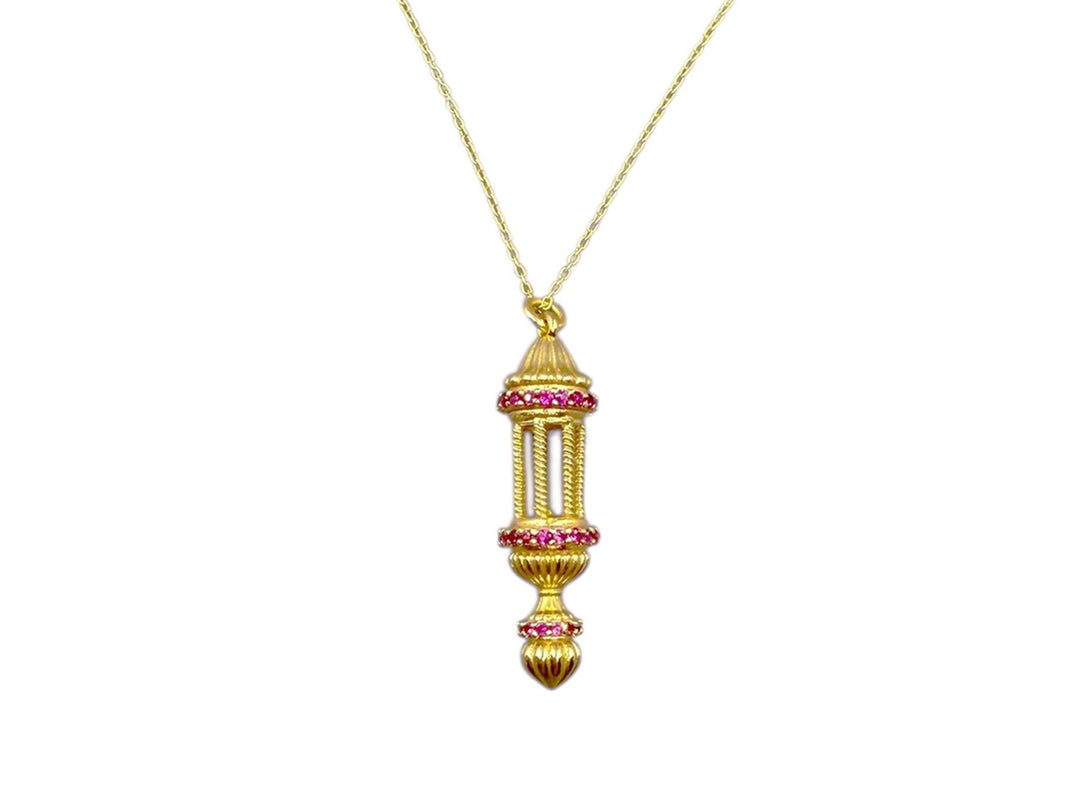 Gold Lantern Charm Necklace with Pink Zircons