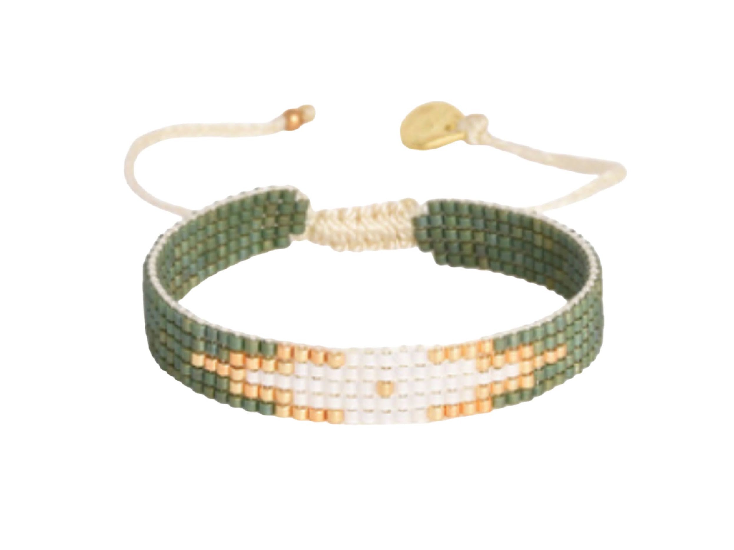 Narrow Green and Gold Woven Bead Bracelet
