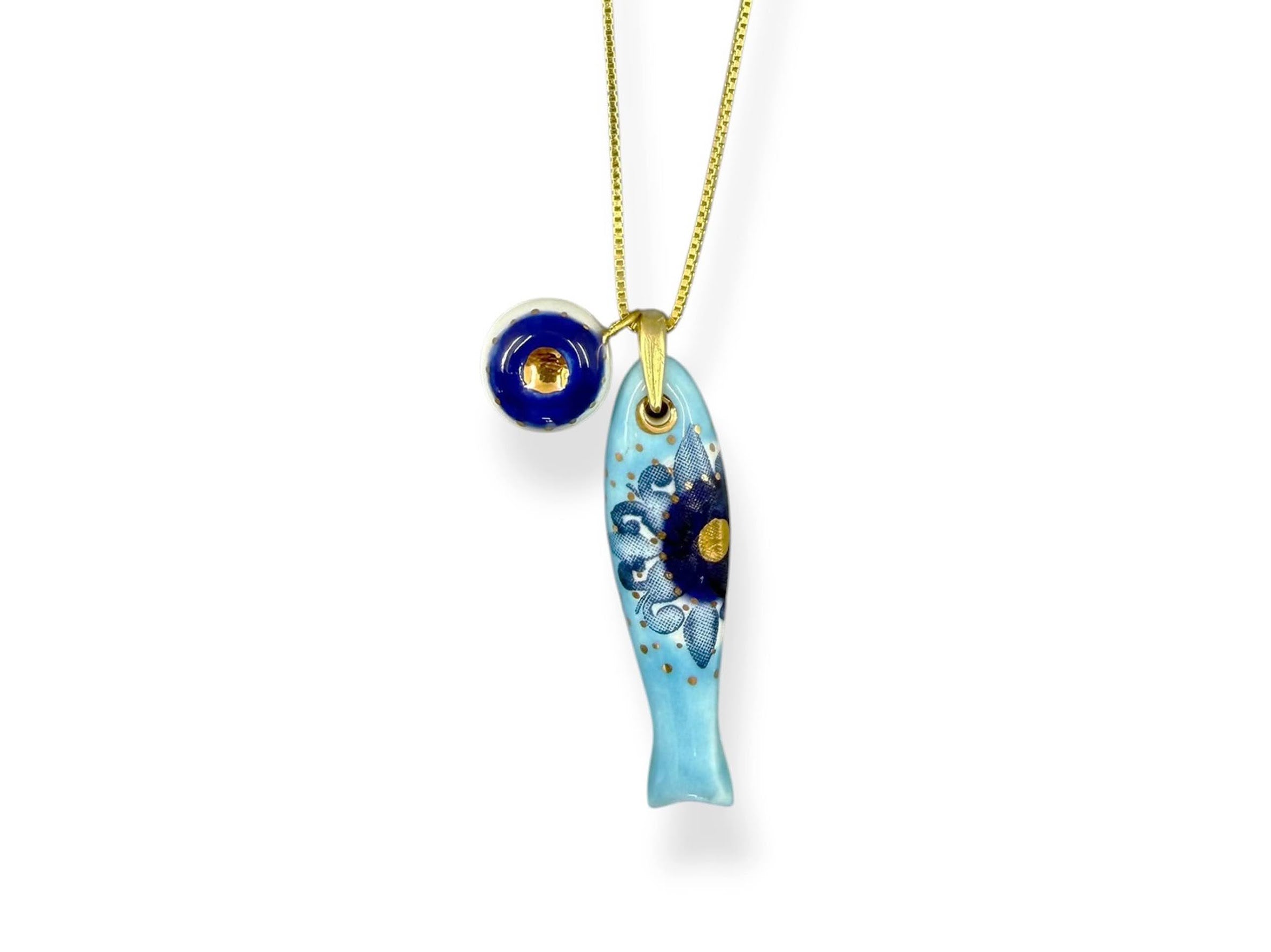 Small Porcelain Blue Evil Eye Sardine Charm with Evil Eye Charm