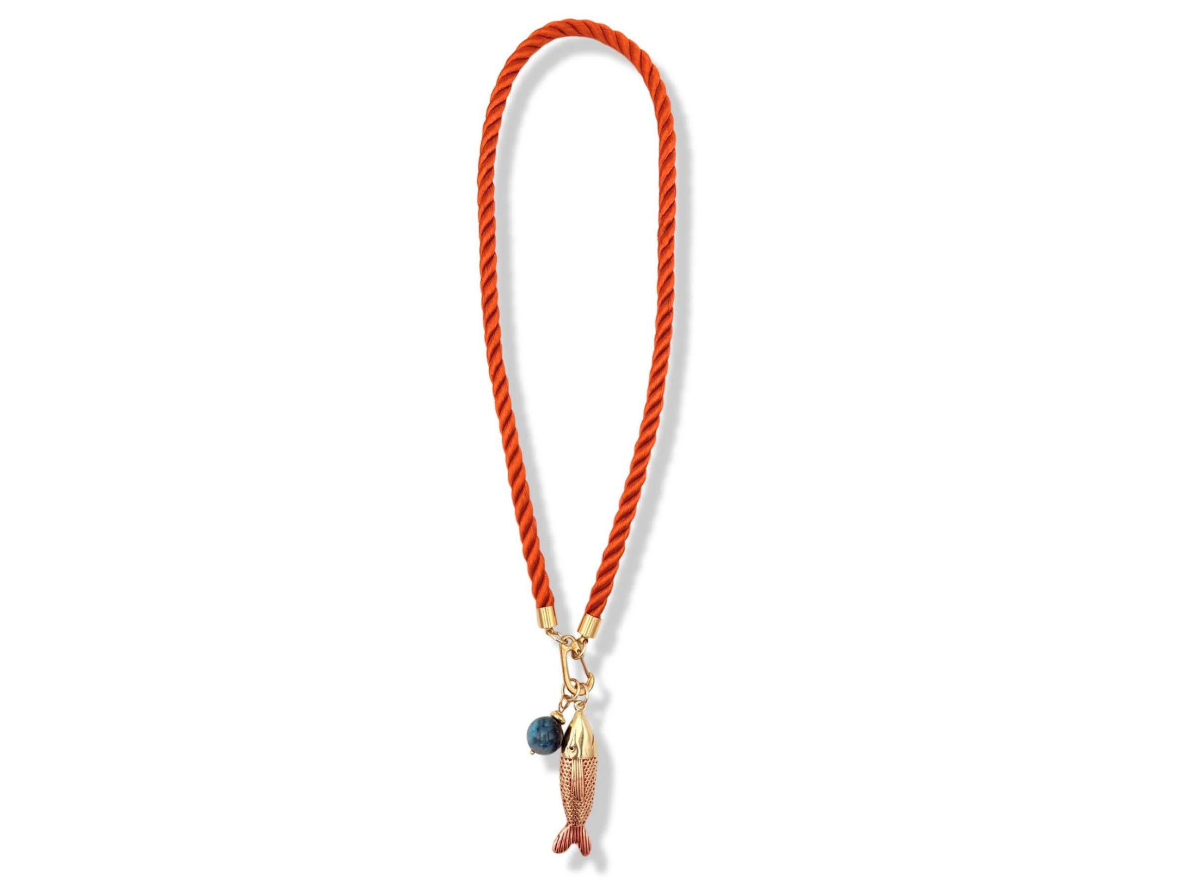 Orange Cord Necklace with Fish Charm and Bead