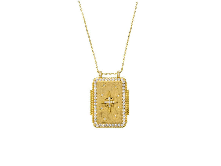 Gold Rectangular Star Pendant Necklace with CZs