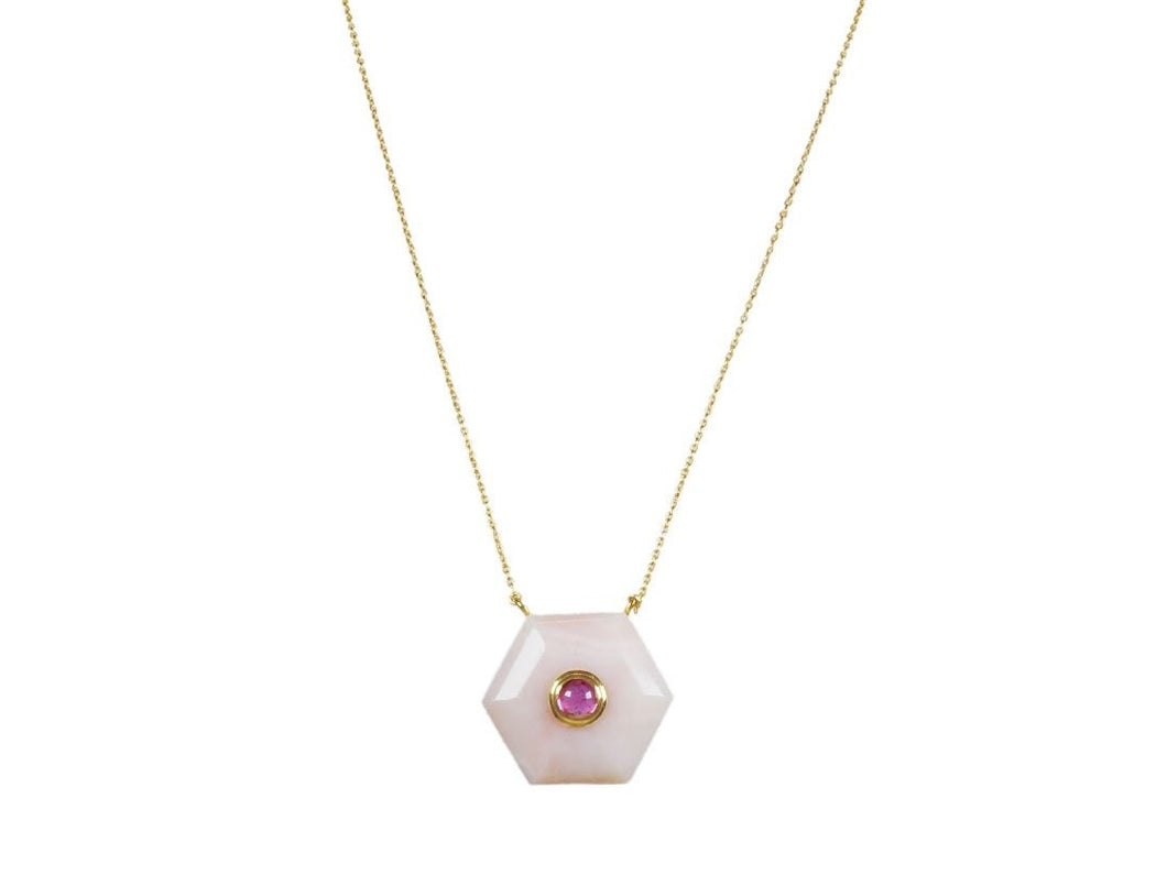 18k Pink Opal Pendant Necklace with Pink Tourmaline