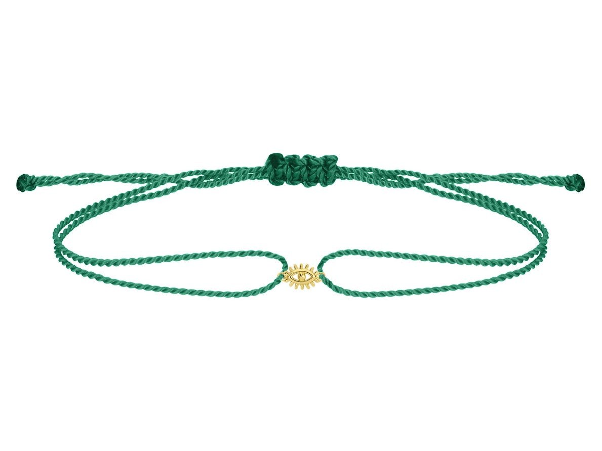 14k and Emerald Cord Bracelet with Evil Eye