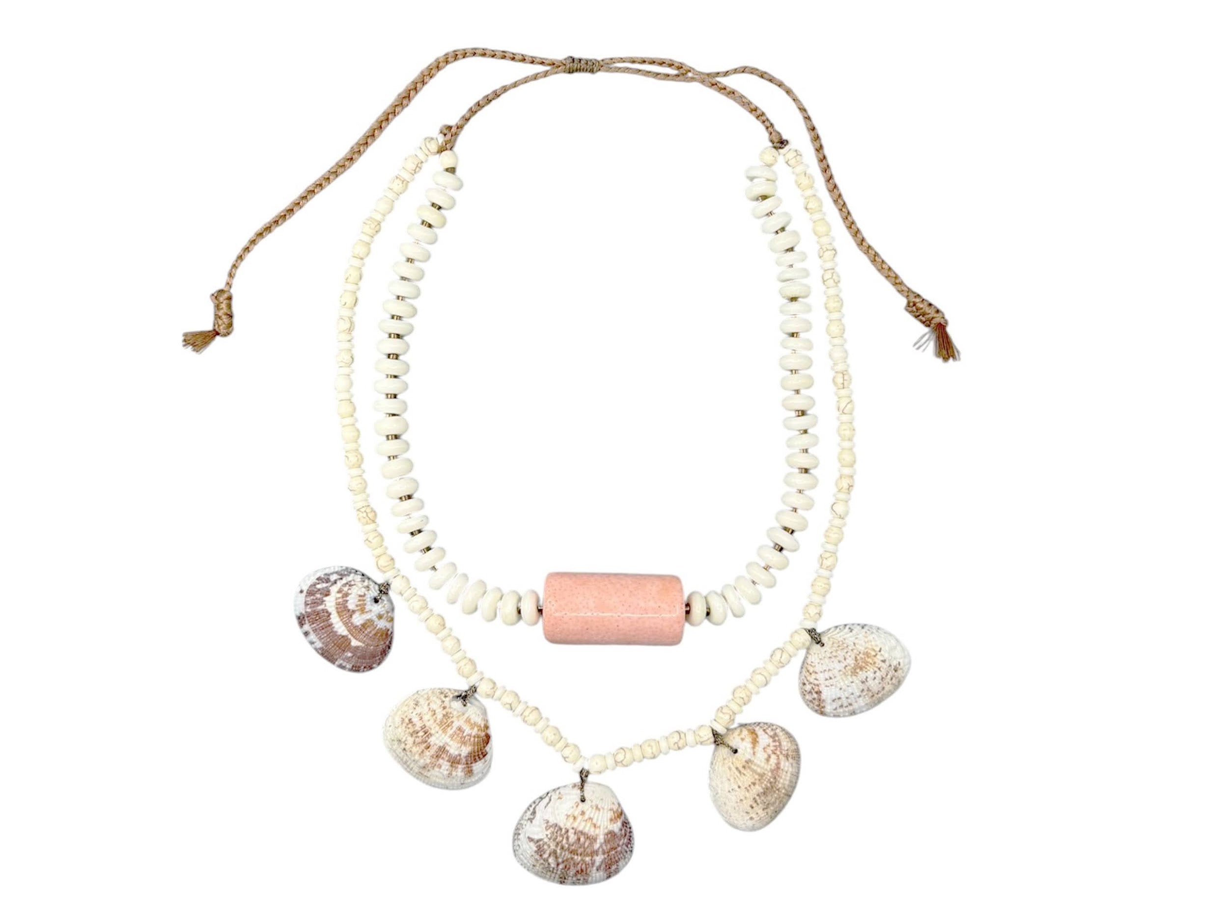 Clam Shell and Pink Coral Tube Double Strand Necklace