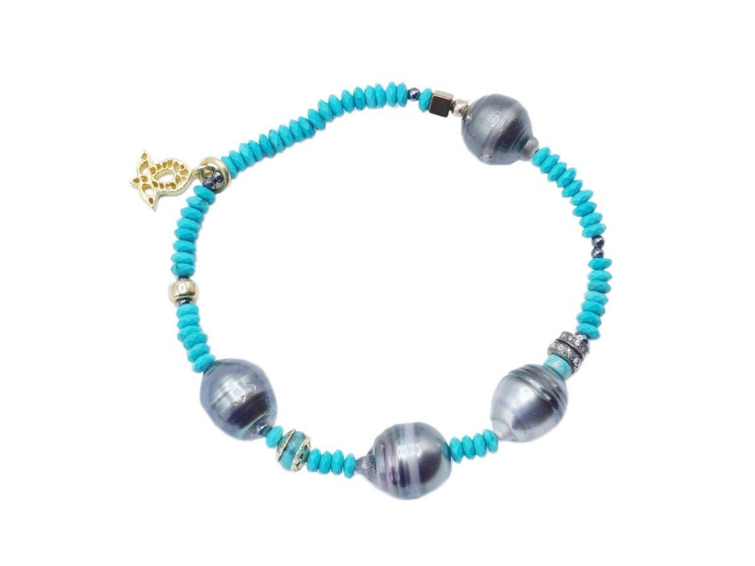 Gray Tahitian Pearl and Turquoise Stretch Bracelet