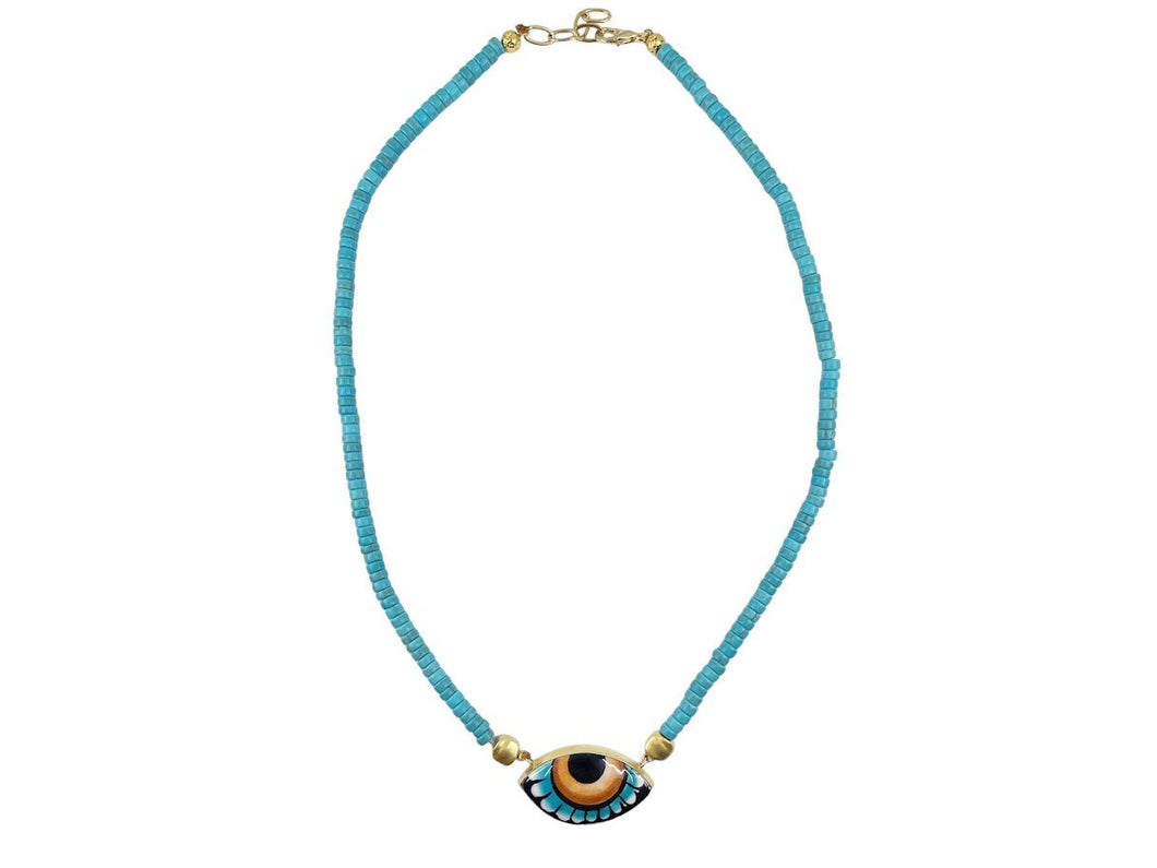 Blue Howlite Necklace with Black, Turquoise, and Brown Handpainted Evil Eye