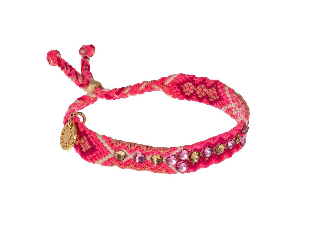 Hot Pink Woven Friendship Bracelet with Crystals