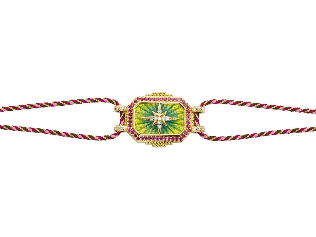 Double Cord Bracelet with Star Crest in Green Enamel