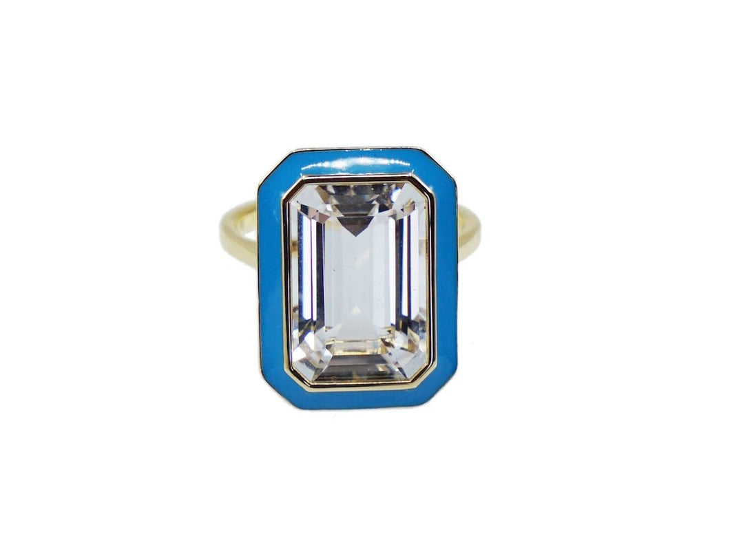 18k Rock Crystal Ring with Turquoise Enamel