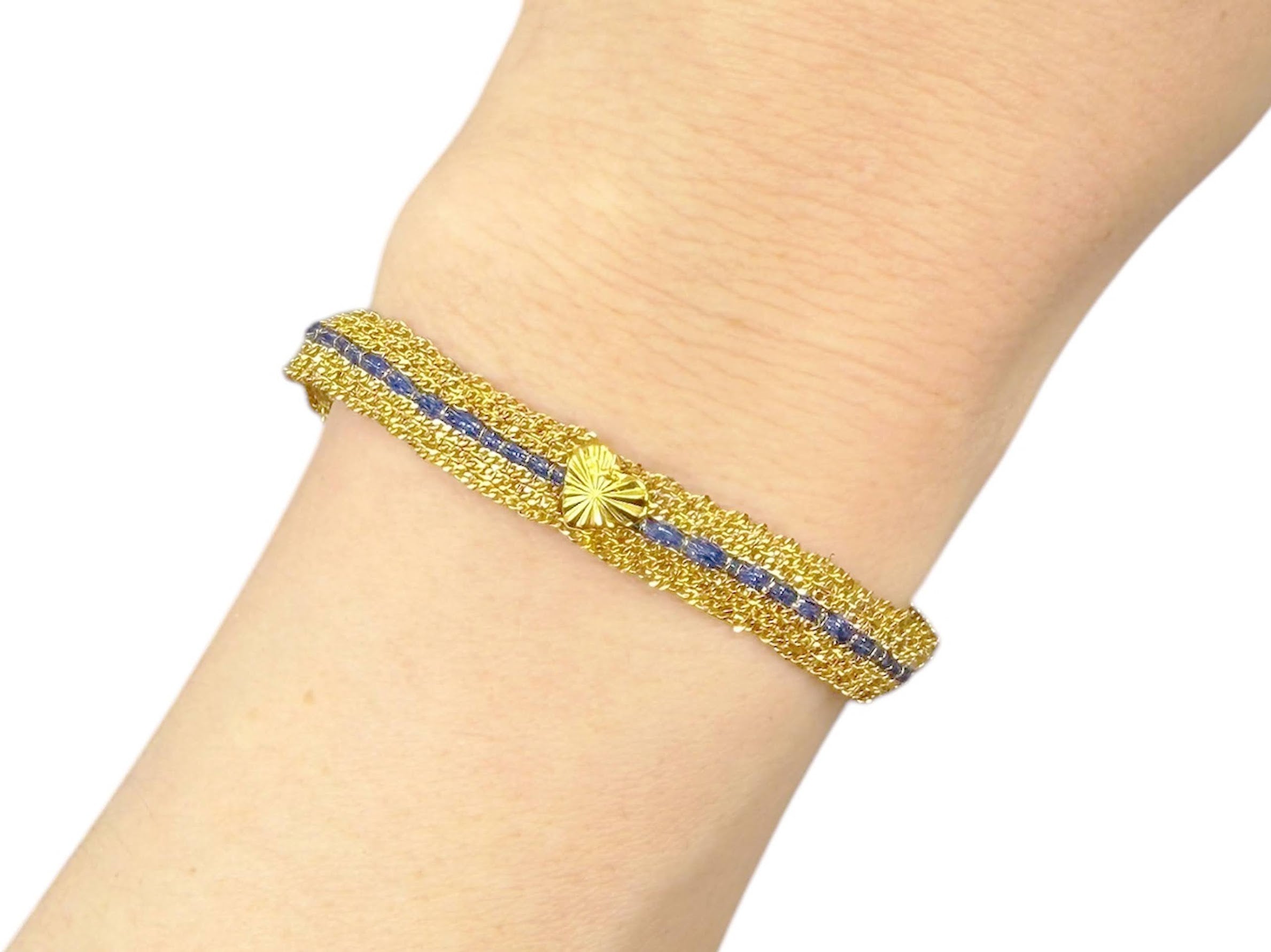 Blue Striped Chain Bracelet with Fluted Heart Charm