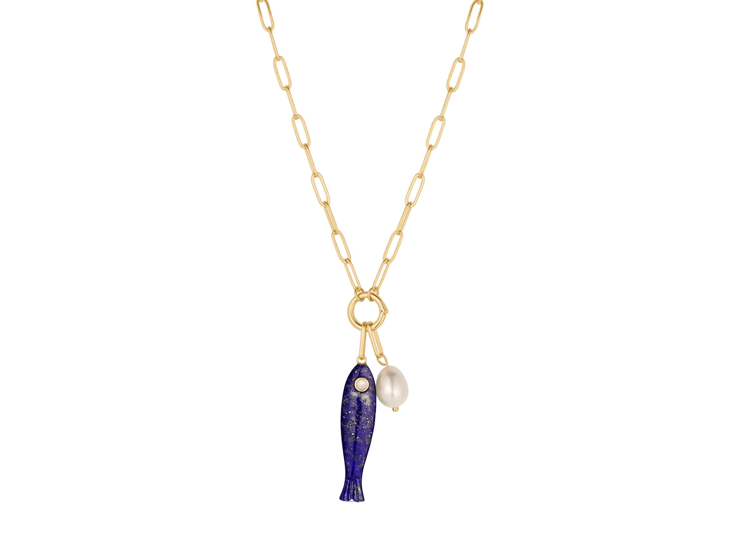 Lapis Fish Charm and Pearl Necklace