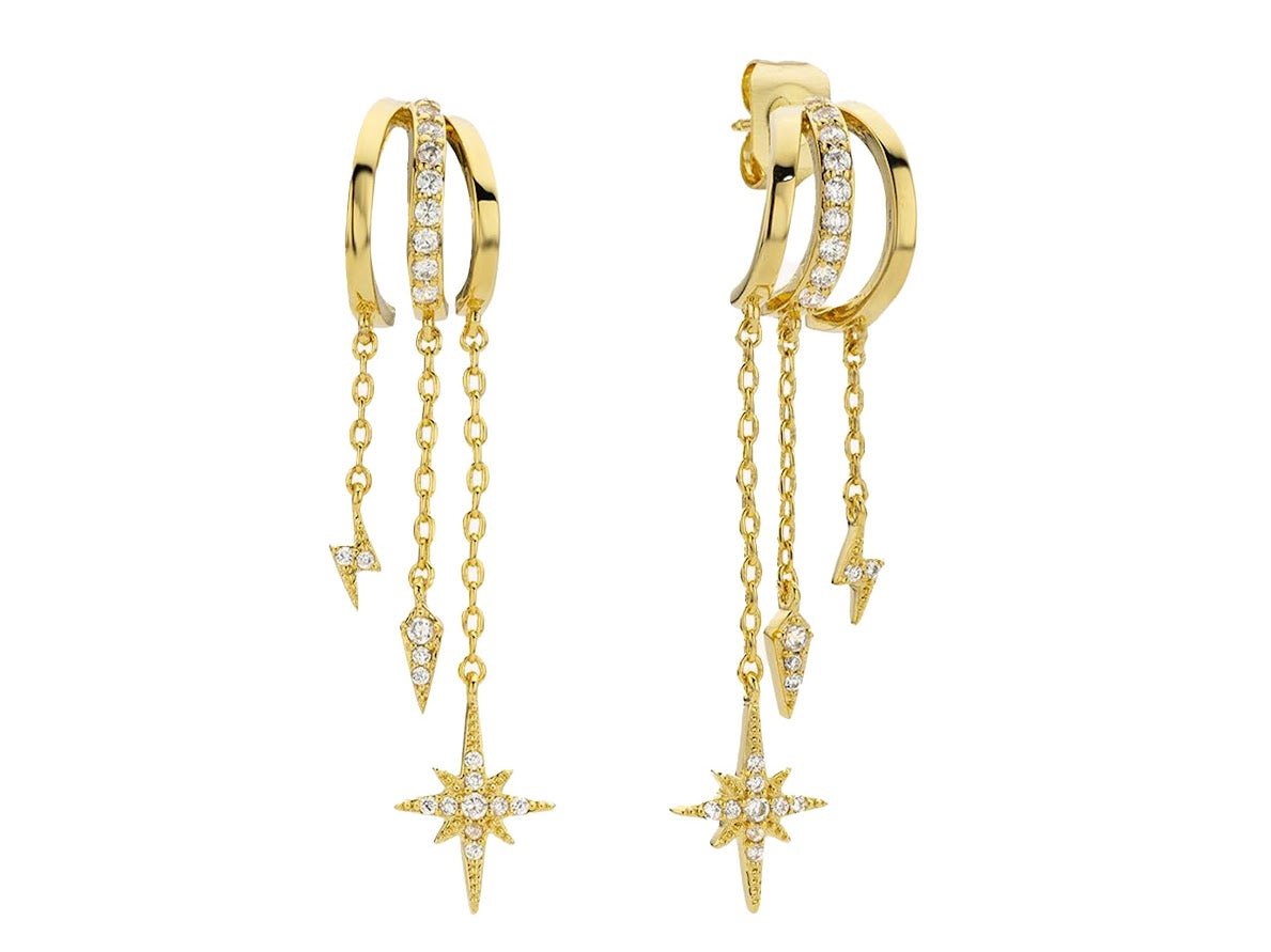 Gold and CZ Triple Chain Drop Earrings with Charms