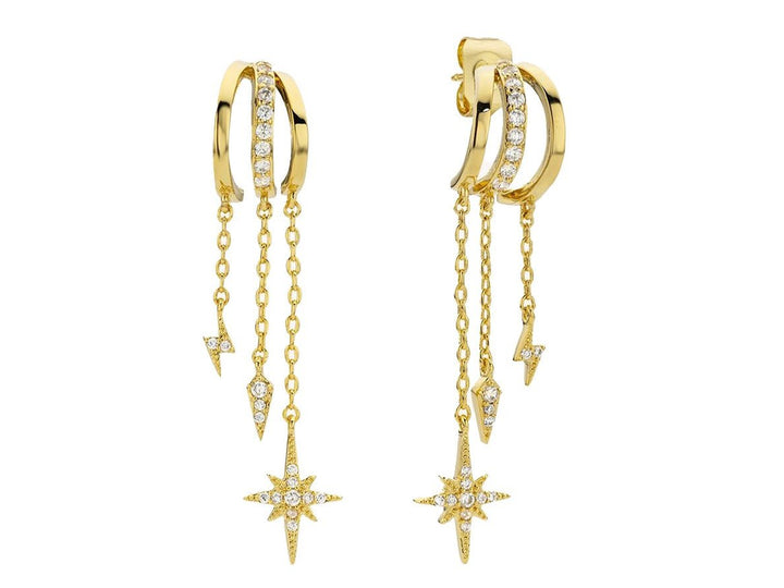 Gold and CZ Triple Chain Drop Earrings with Charms