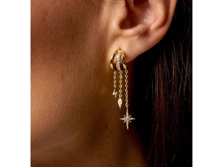 Gold and CZ Triple Chain Drop Earrings with Charms
