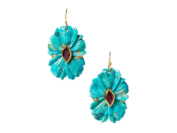 Carved Turquoise Floral Earrings with Garnets