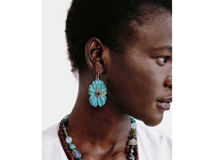 Carved Turquoise Floral Earrings with Garnets