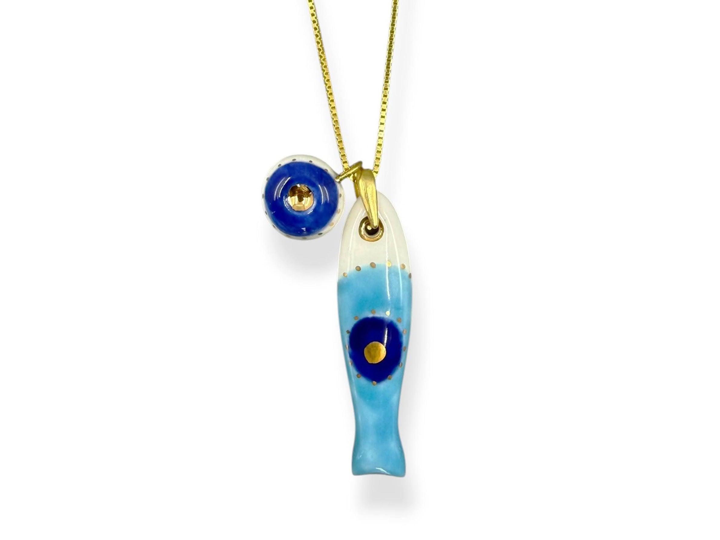 Small Porcelain Blue Evil Eye Sardine Charm with Evil Eye Charm