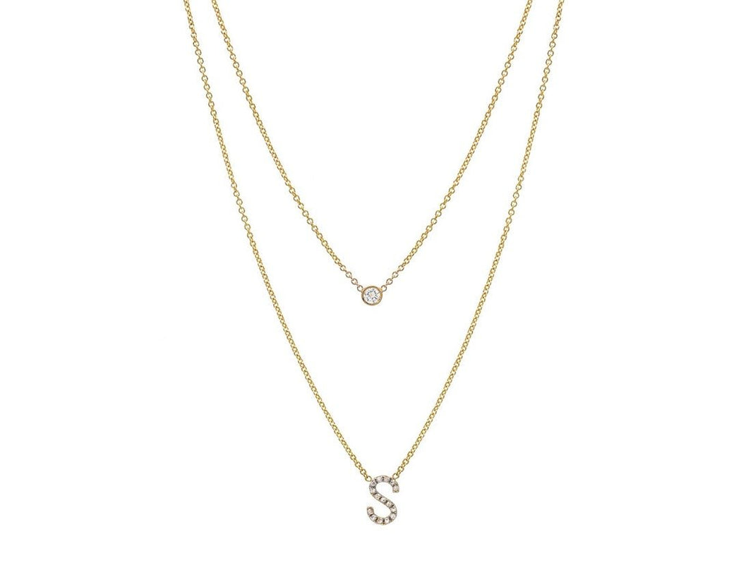 14k Diamond Initial and Bezel-Set Diamond Layer Necklace