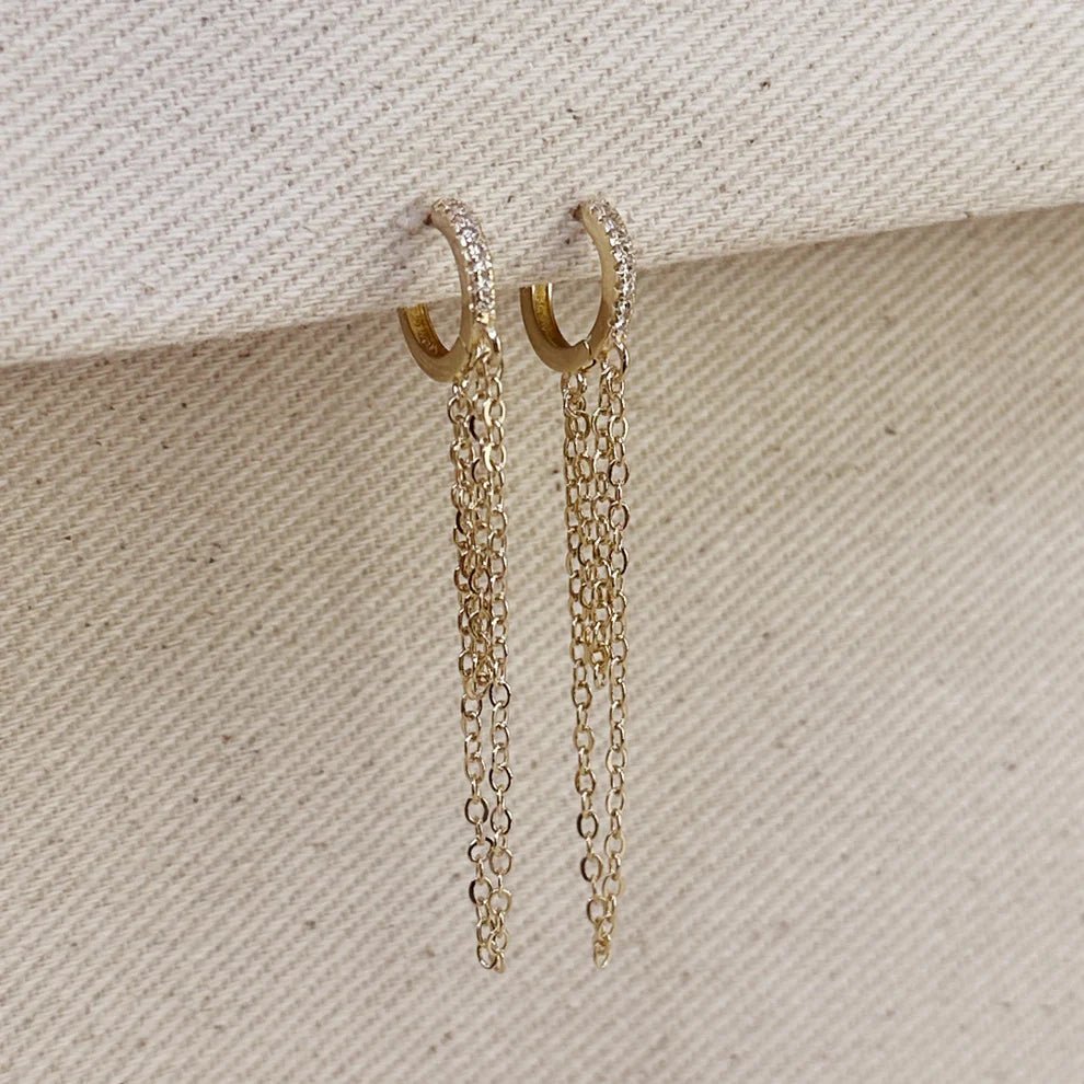 Gold CZ Huggie Earrings with Dangling Chains