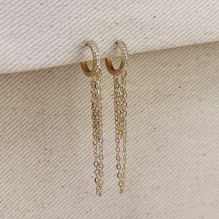 Gold CZ Huggie Earrings with Dangling Chains