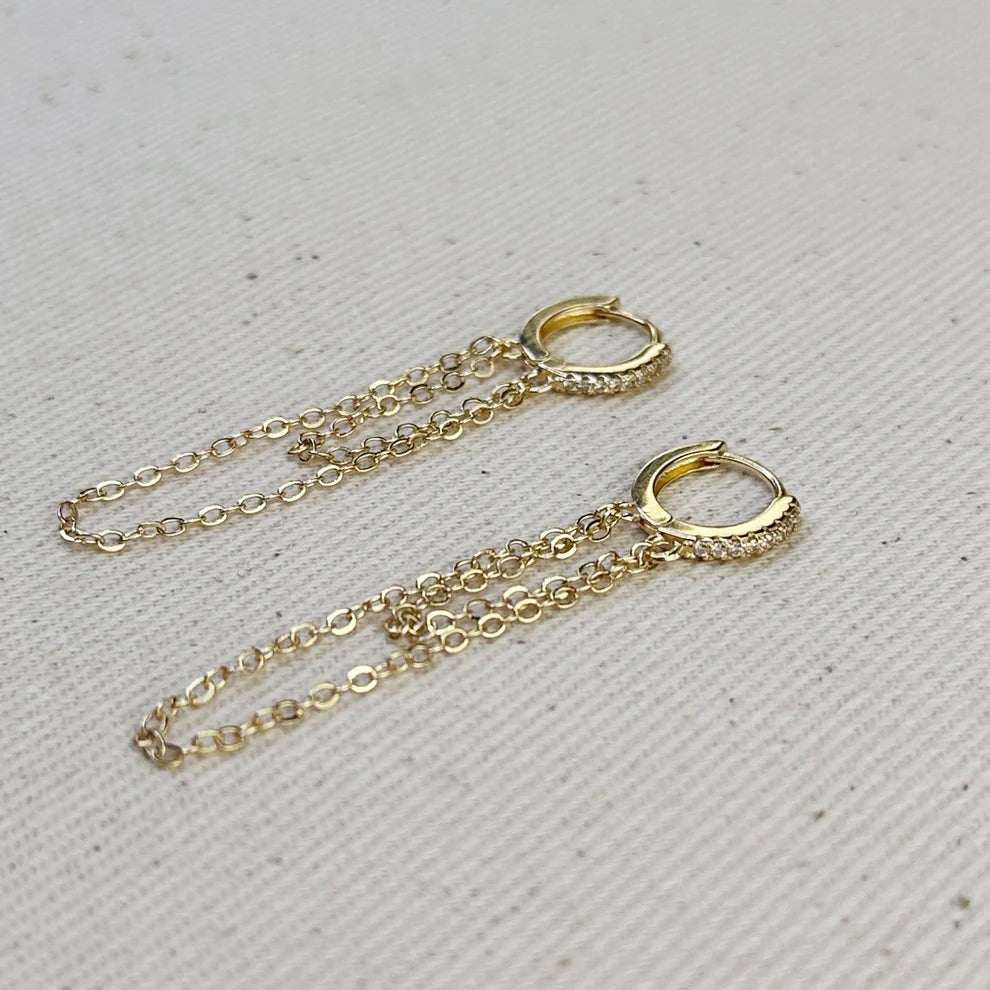 Gold CZ Huggie Earrings with Dangling Chains