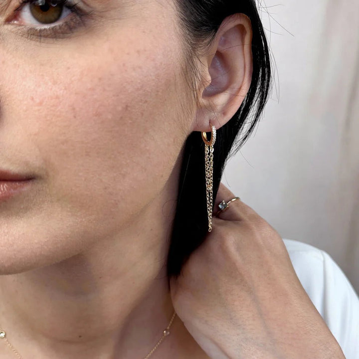 Gold CZ Huggie Earrings with Dangling Chains