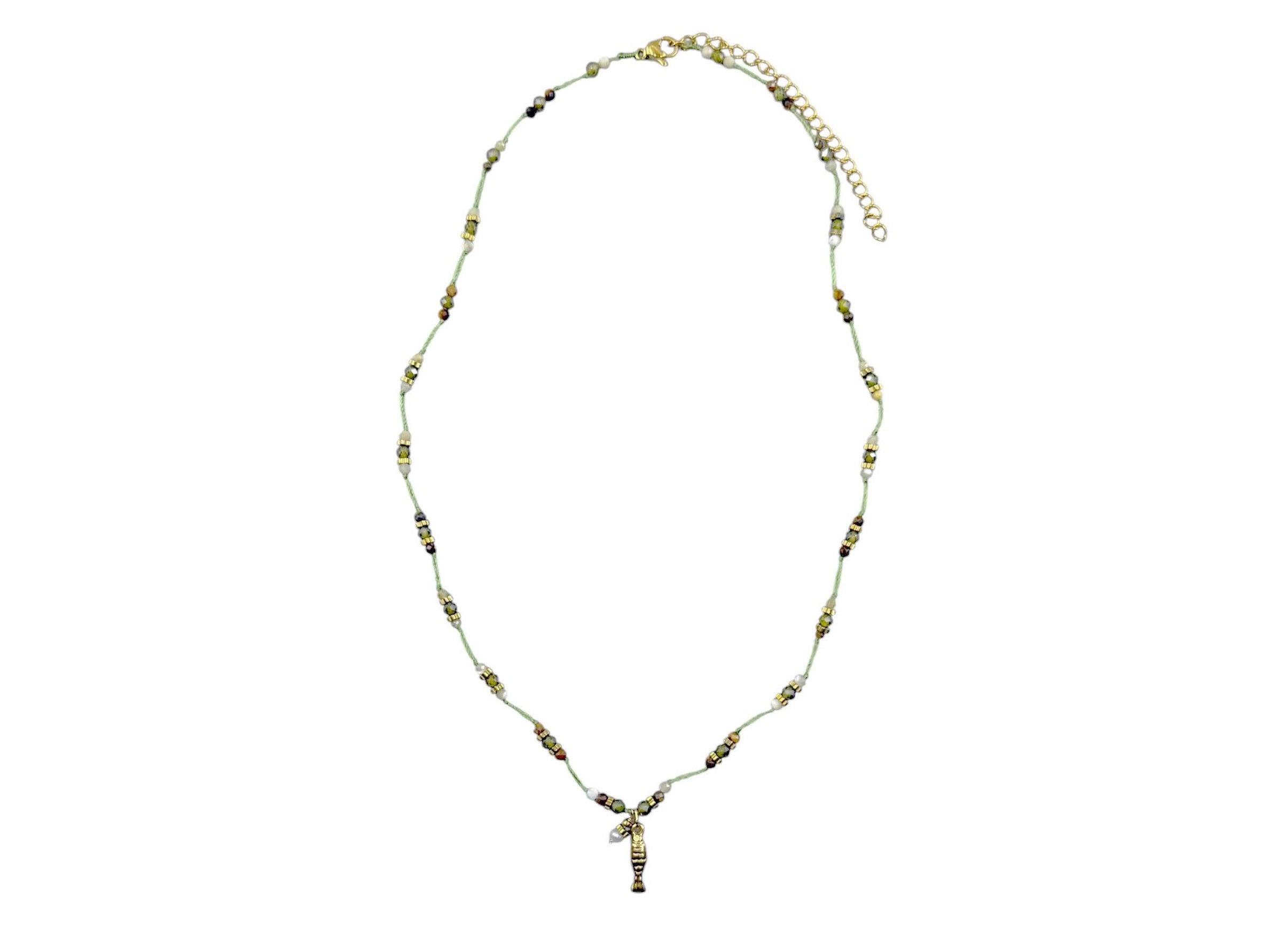 Green Cord and Bead Necklace with Fish Charm