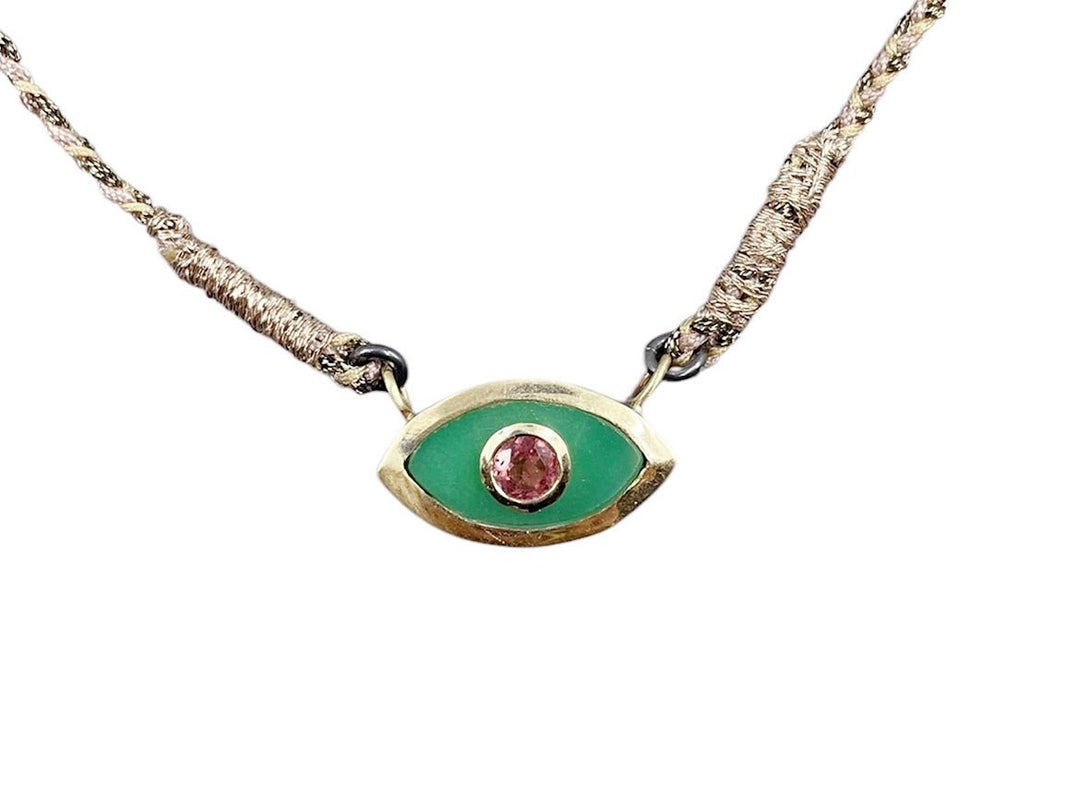 10k Small Chrysoprase with Pink Tourmaline Evil Eye Necklace