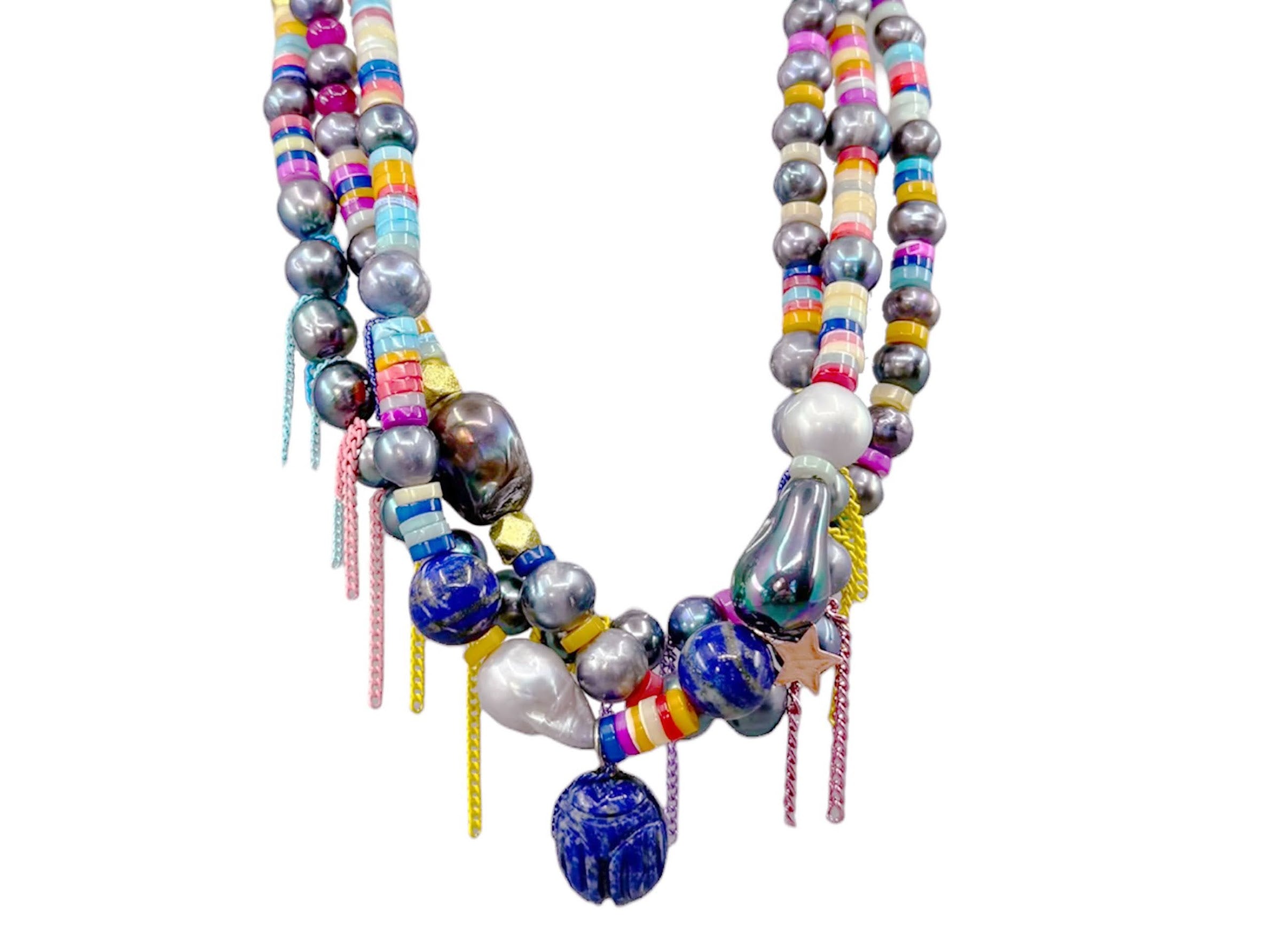 Triple Lapis Rainbow Choker Necklace with Scarab Charm