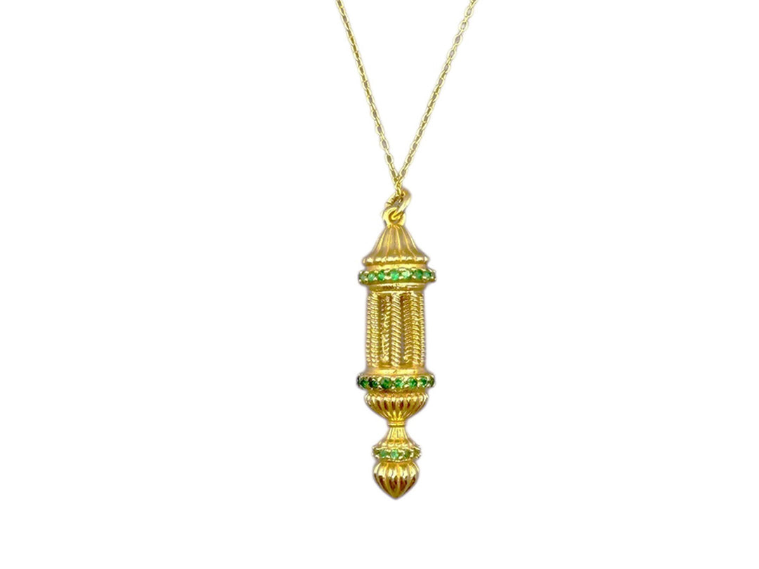 Gold Lantern Charm Necklace with Green Zircons