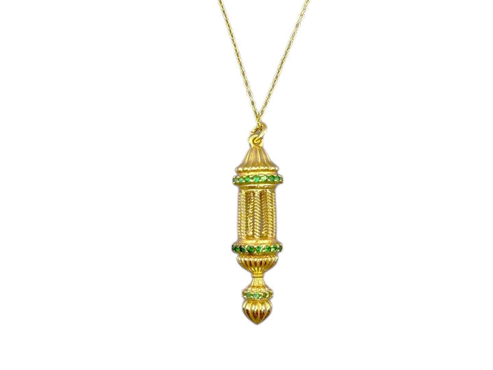 Gold Lantern Charm Necklace with Green Zircons
