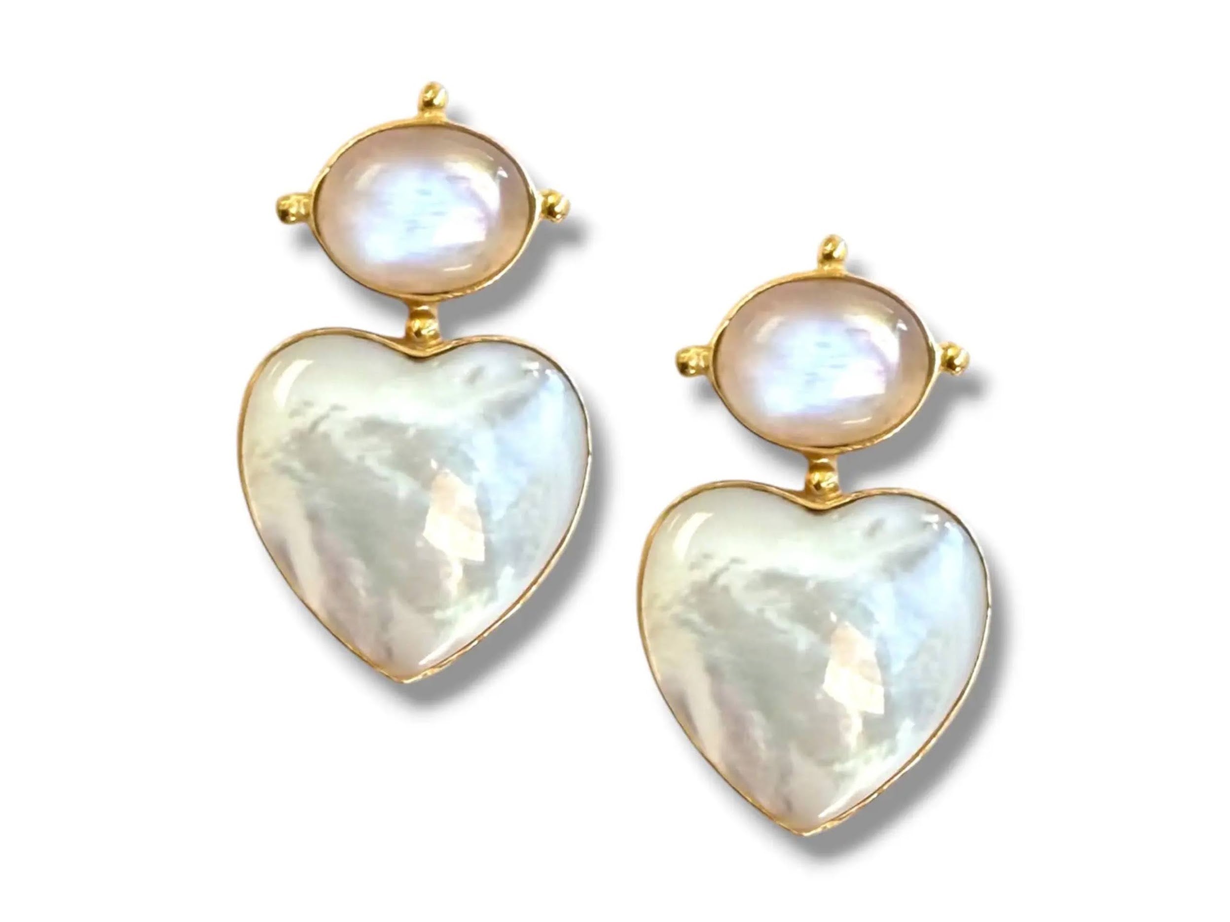 Rainbow Moonstone and MOP Heart Drop Earrings