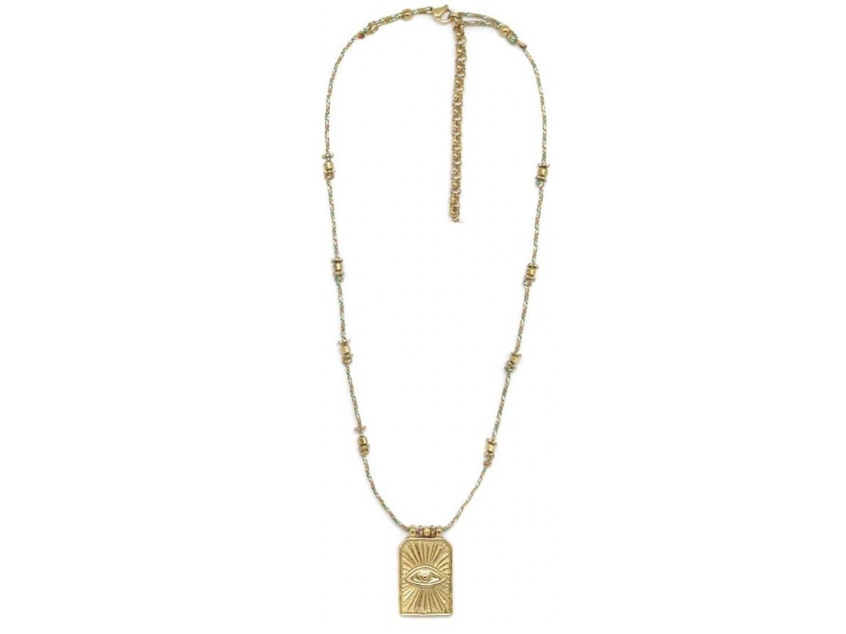 Gold Eye on Green Cord Necklace