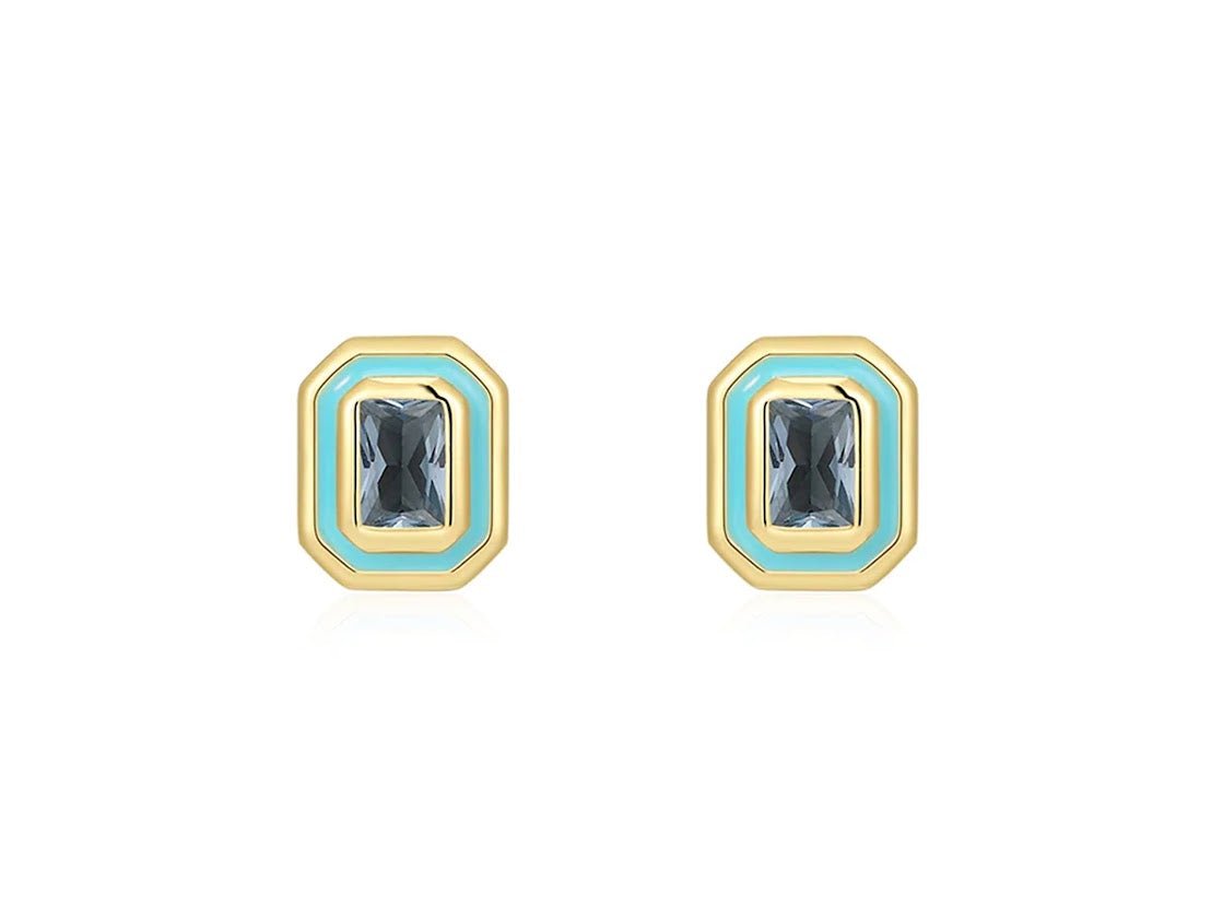 Turquoise Enamel and CZ Stud Earrings