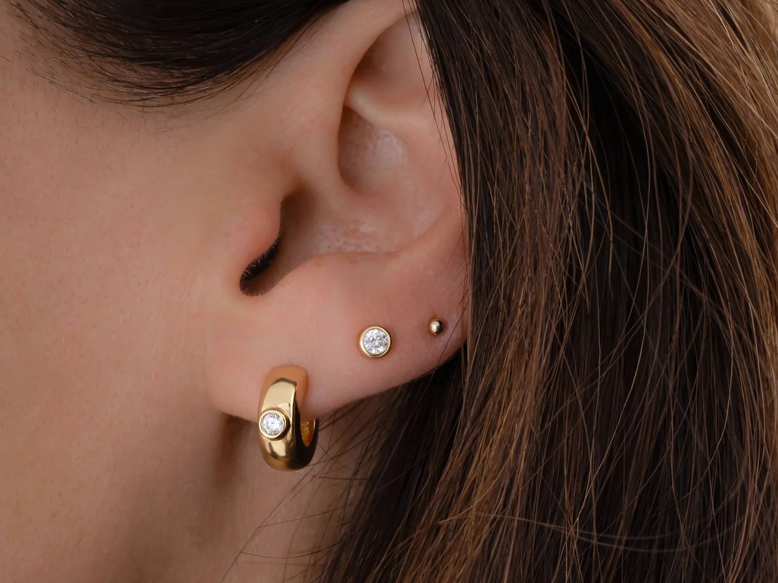 Gold Huggie Hoop Earrings with Round CZs