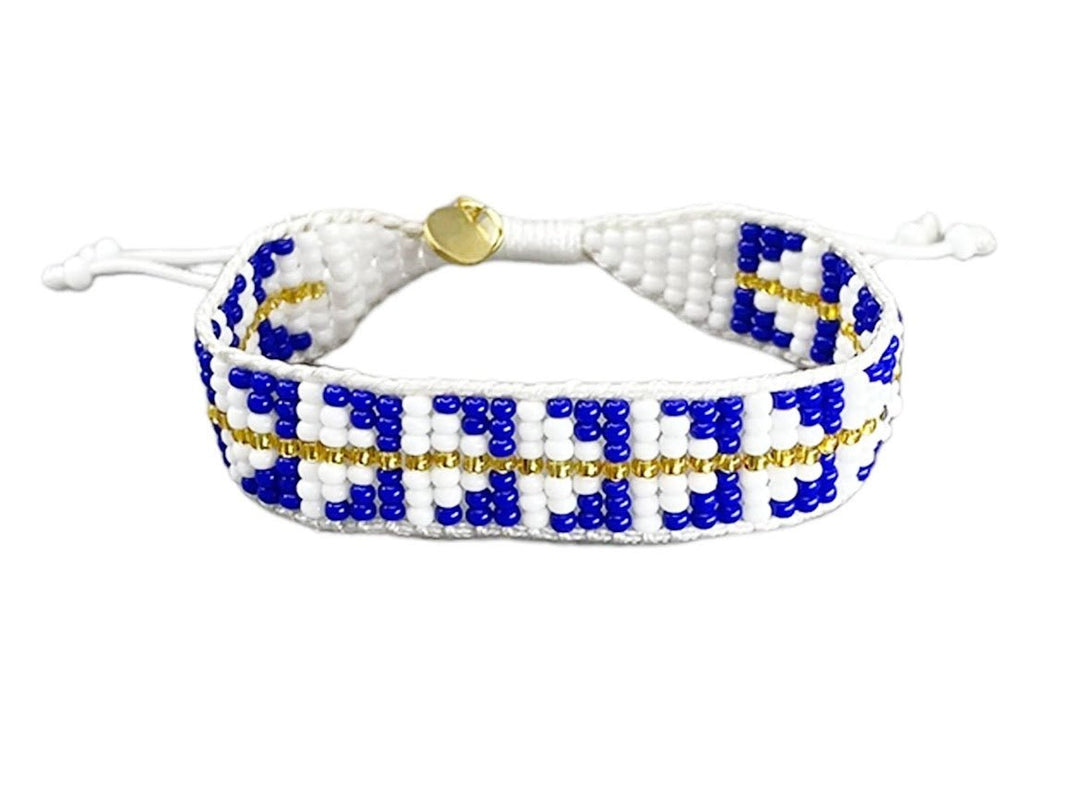 Blue, White, and Gold Beaded Arrow Bracelet