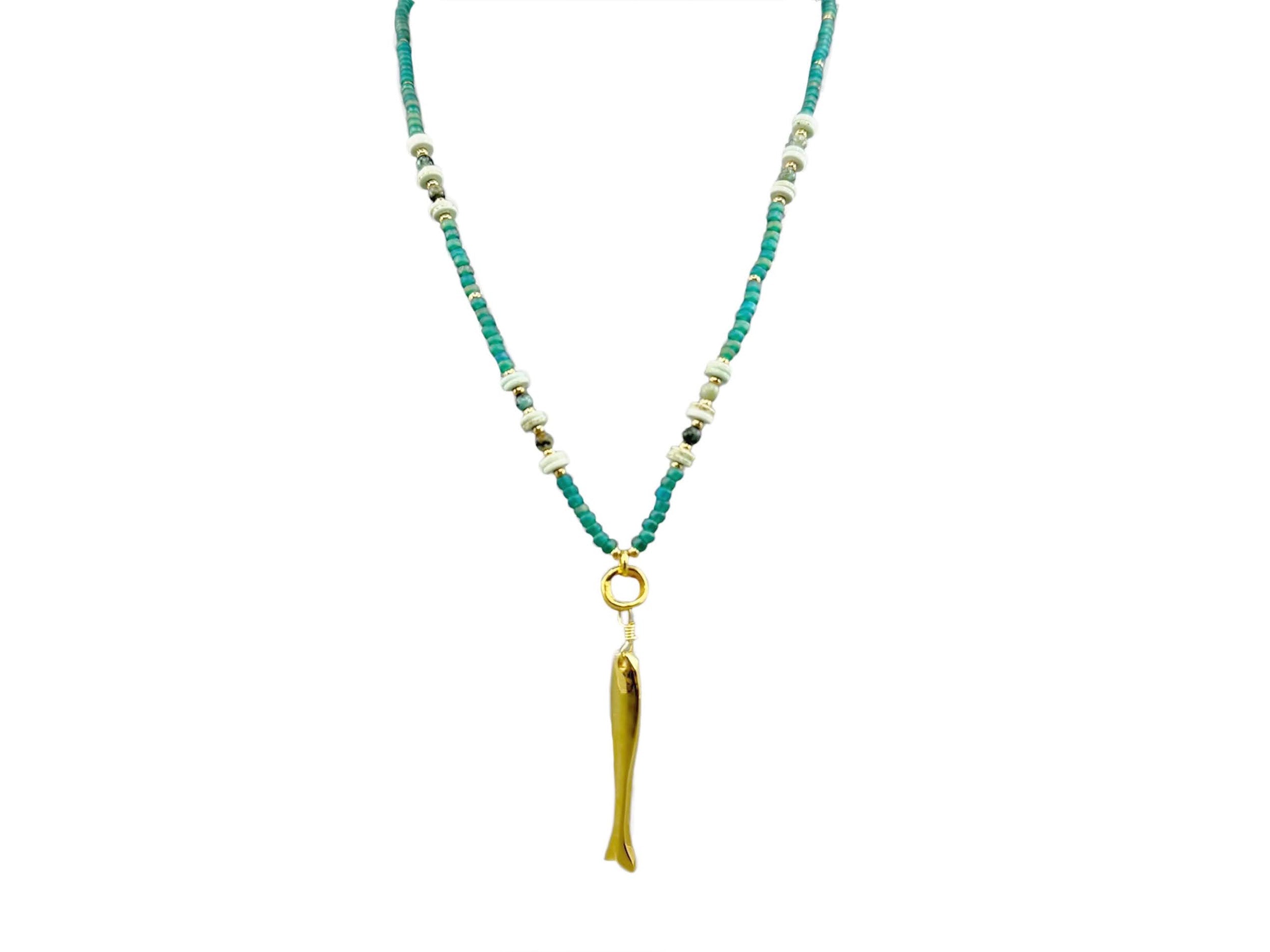 Green Beaded Necklace with Fish Charm