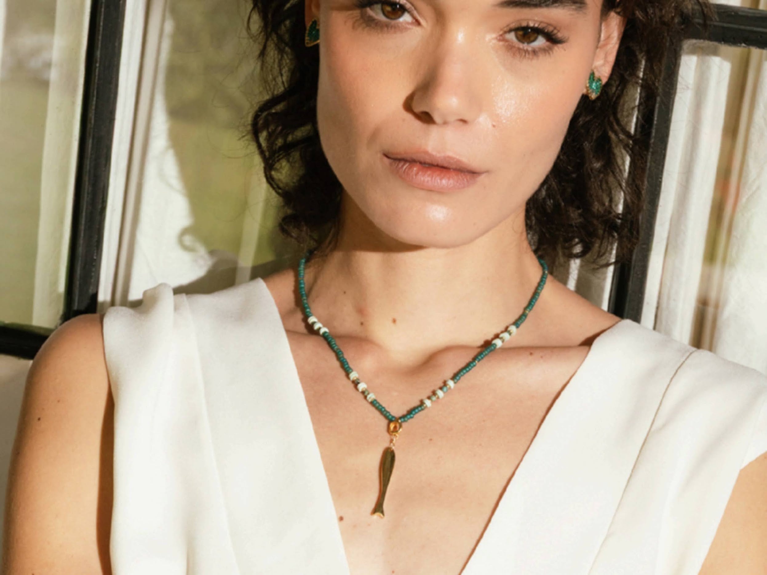 Green Beaded Necklace with Fish Charm