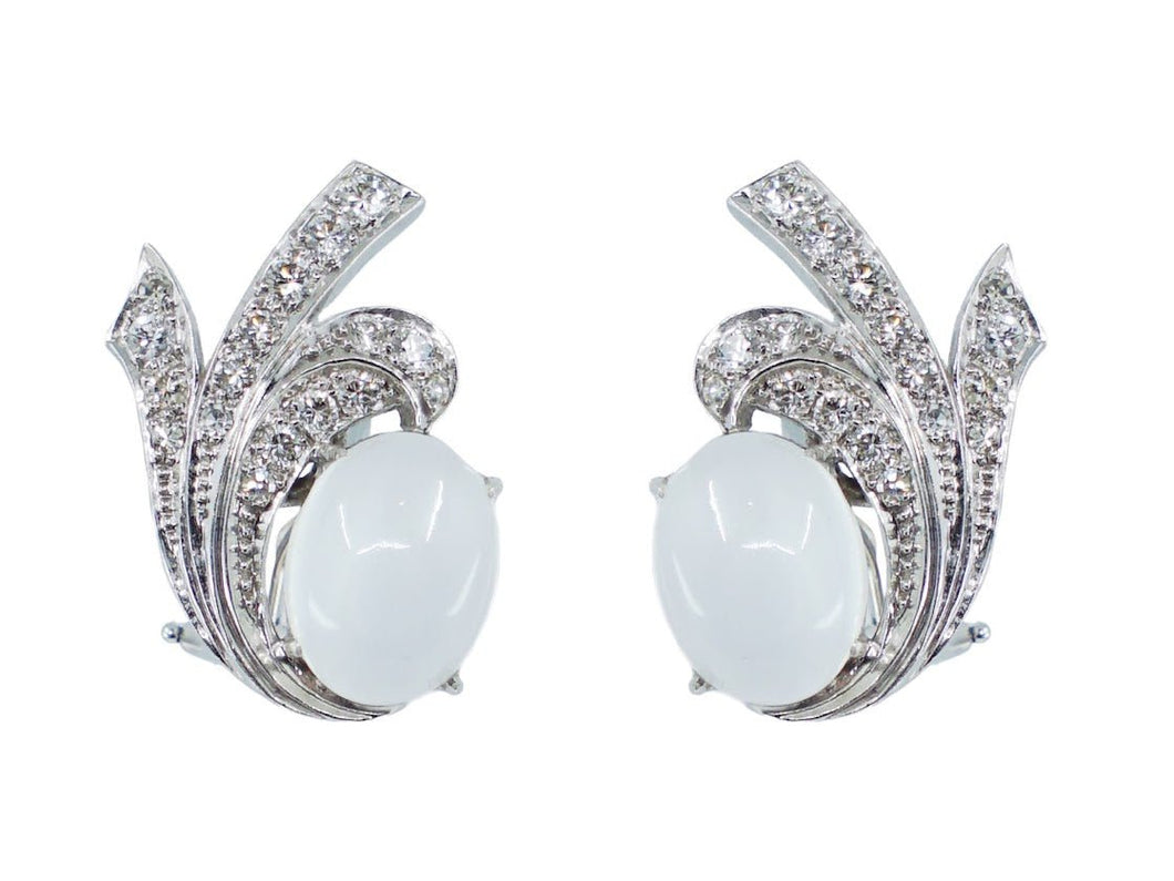 14k White Gold 1940s Moonstone and Diamond Earrings