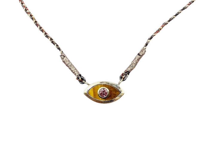 10k Small Tiger Eye with Pink Tourmaline Evil Eye Necklace