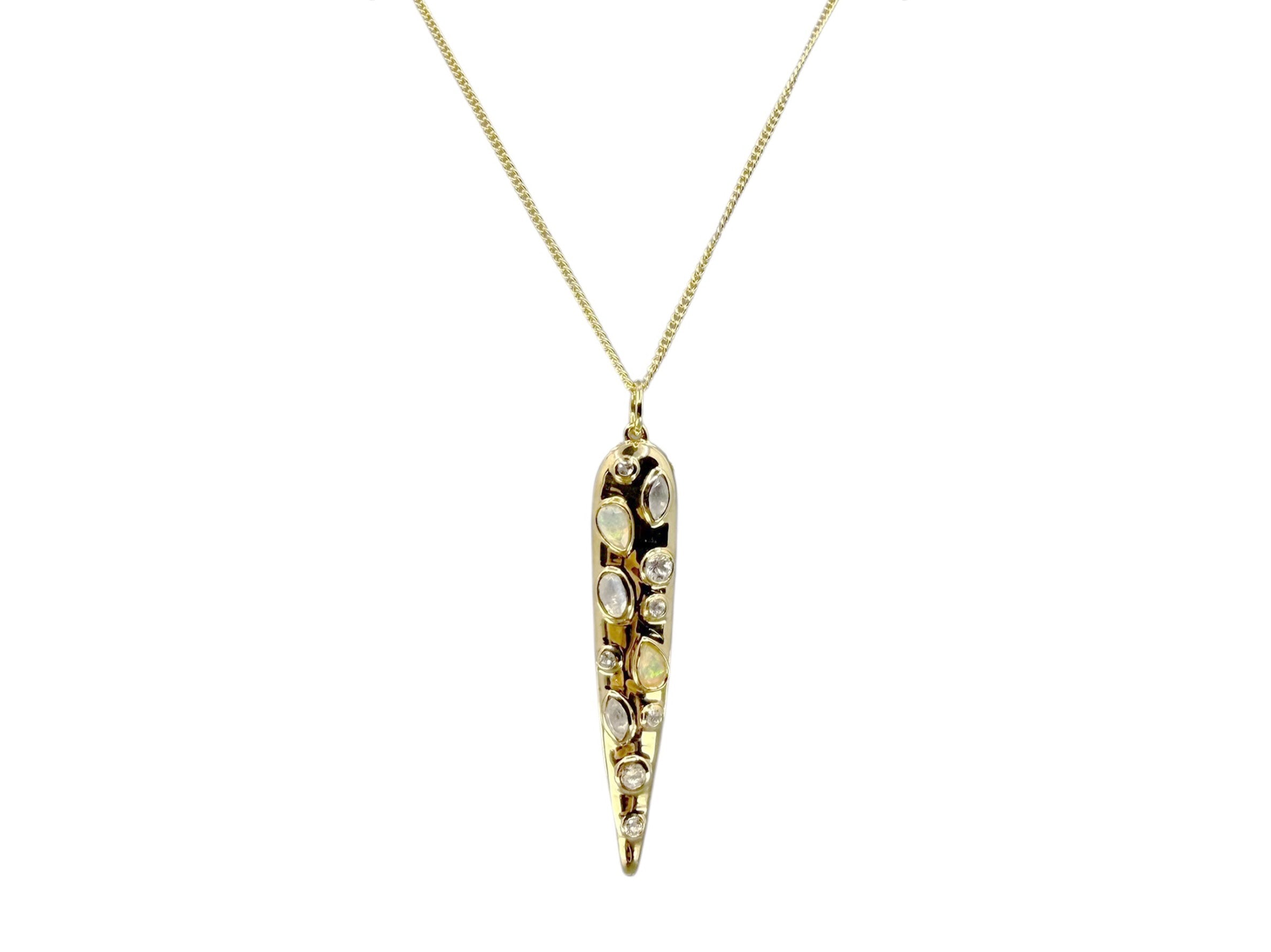 Gold Necklace with Opal, Moonstone, and White Topaz Charm