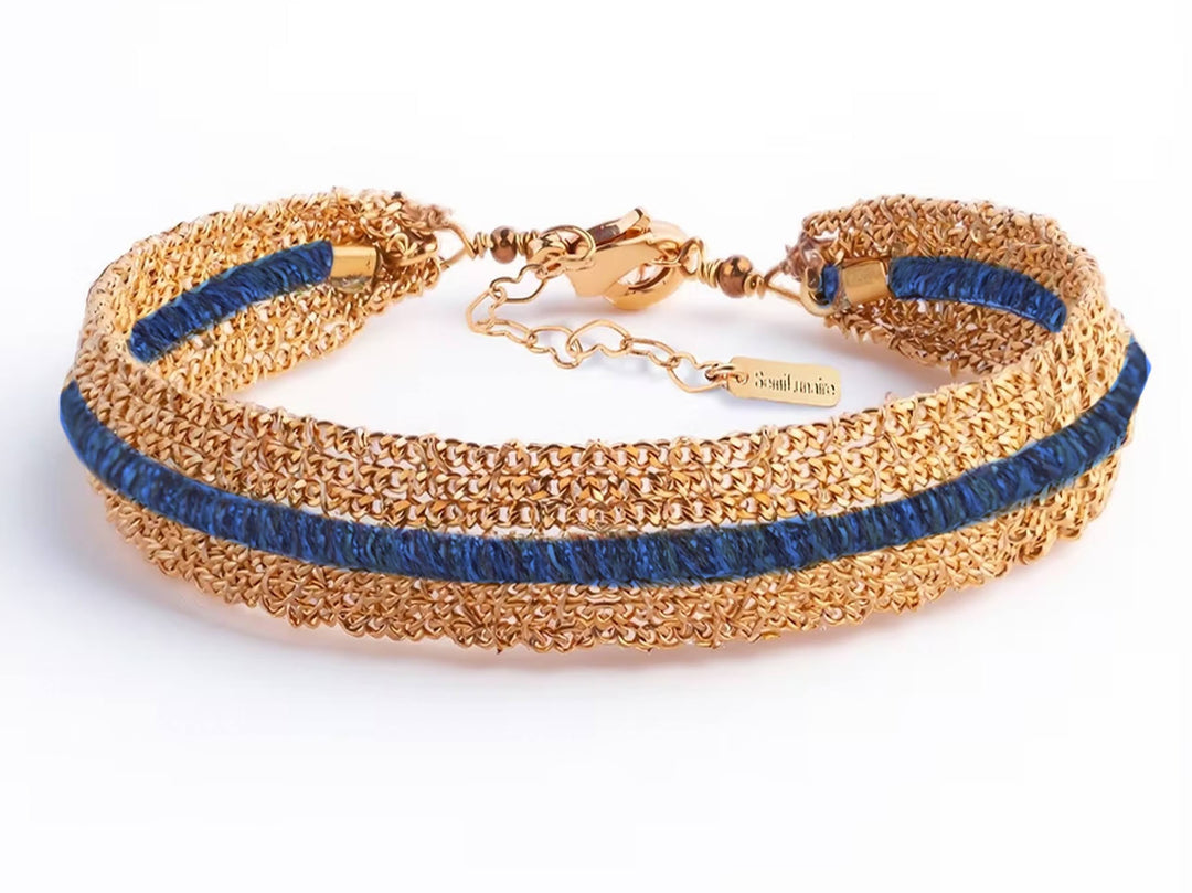 Woven Chain Bracelet with Blue Thread Stripe