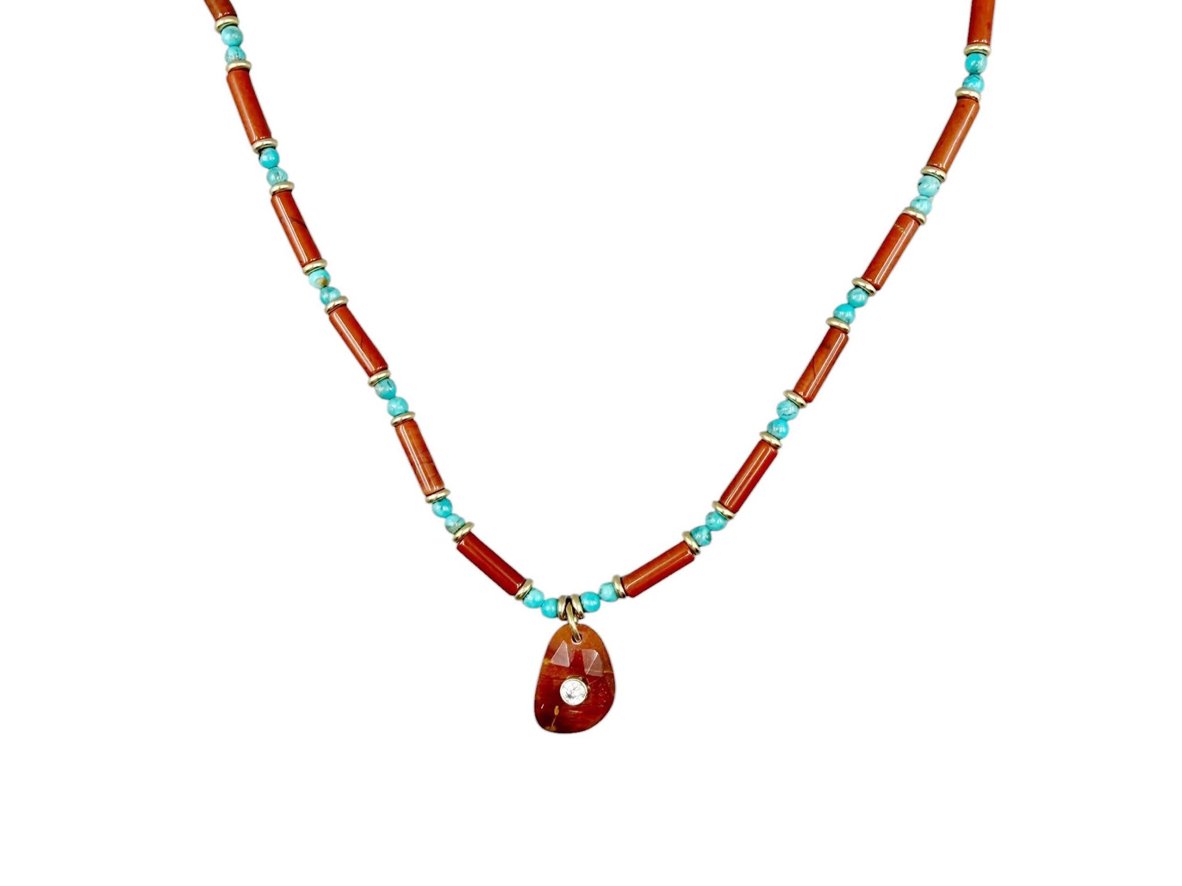 Hand-Beaded Necklace of Red Jasper and Turquoise with Red Jasper Charm