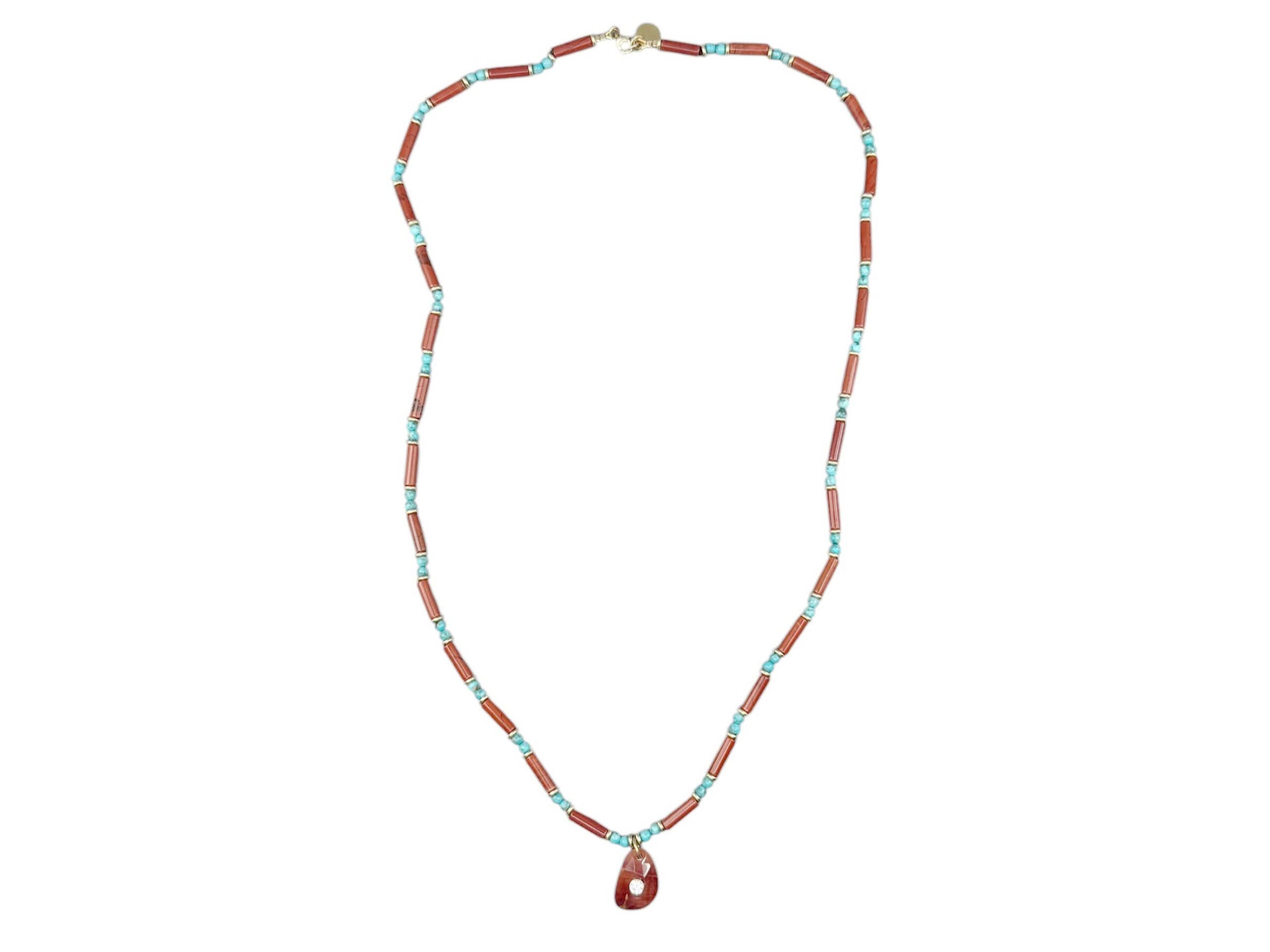 Hand-Beaded Necklace of Red Jasper and Turquoise with Red Jasper Charm