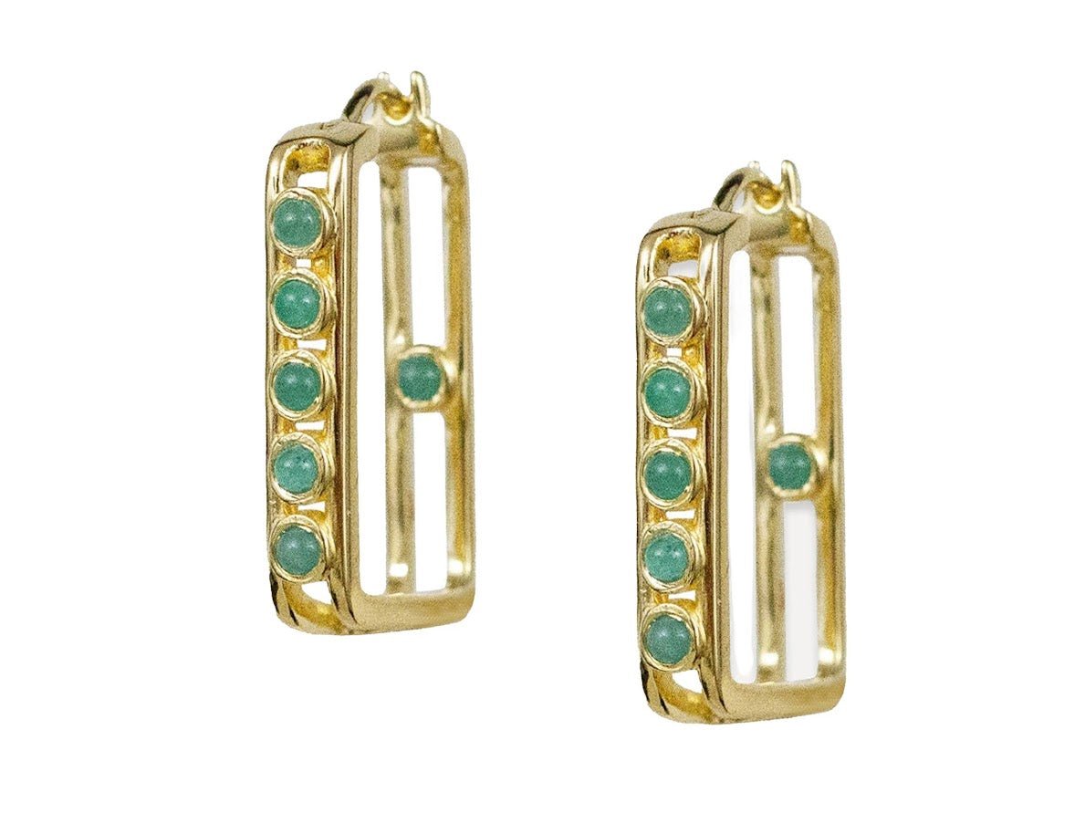 Gold and Emerald Elongated Square Hoops