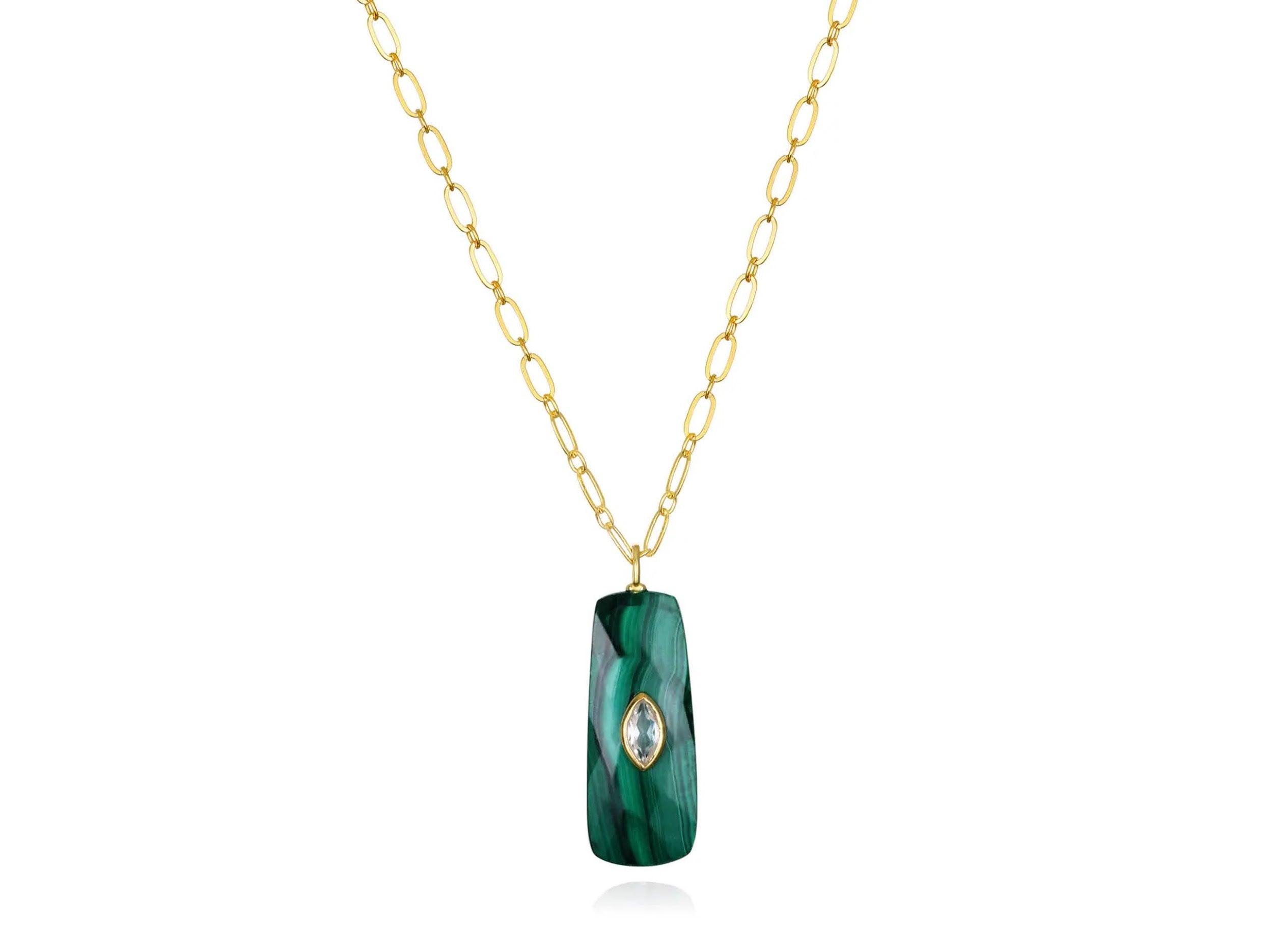 Long Malachite and Topaz Charm Necklace