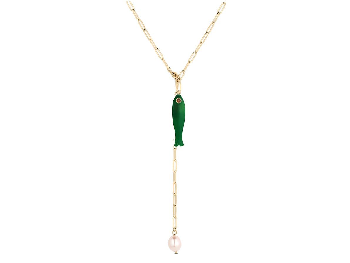 Lariat Chain with Pearl and Jade Fish Charm